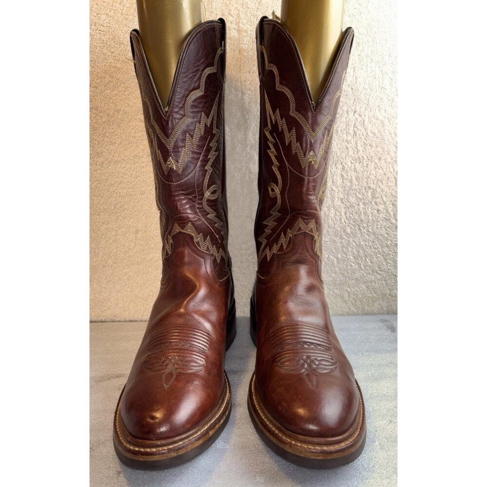 Men's Justin Boots Round Toe Pull On Brown Leather Oil Resisting Size 12 D